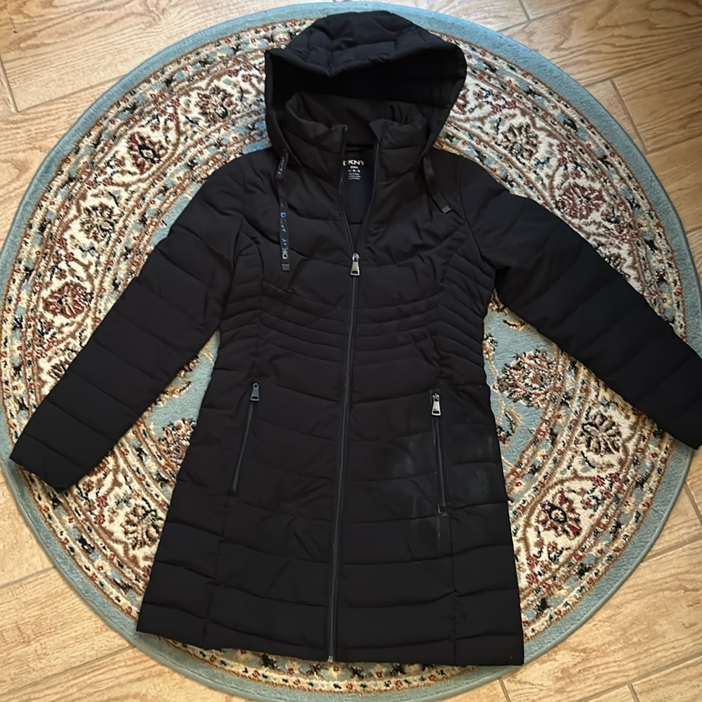 DKNY Black Quilted Puffer Coat Hood Size Medium